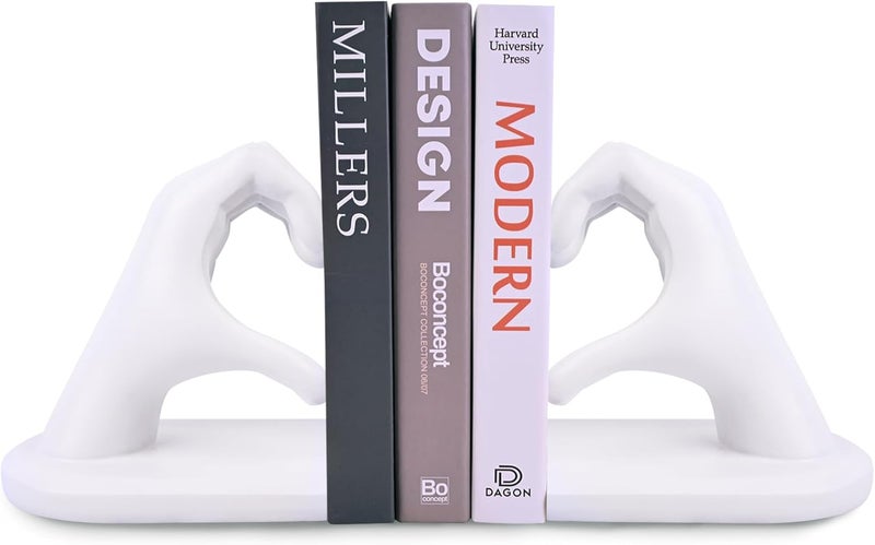 Kityemo White Decorative Bookends for Shelves, Heart Hands Book Ends Sculpture Aesthetic Decor for Bedroom Living Room Merch Apartment Bookshelf Birthday Women Decorations Stuff Aesthetic - Image 1